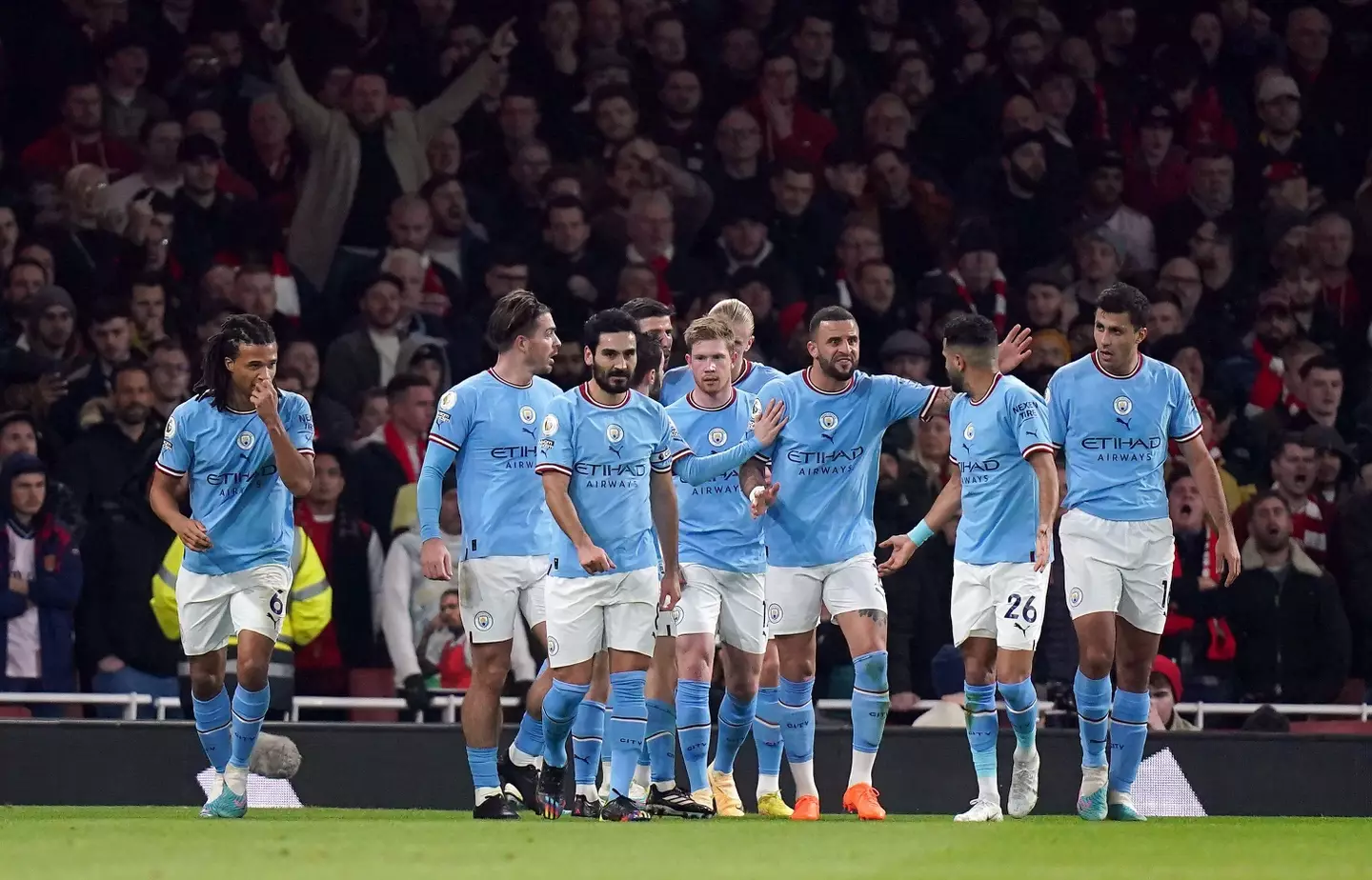 Manchester City celebrate scoring the opening goal. Image: Alamy
