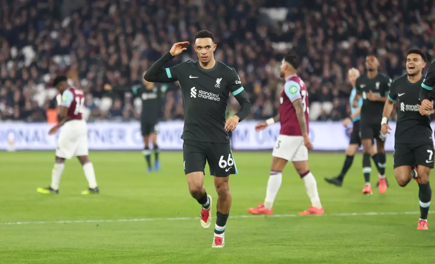 Trent Alexander-Arnold celebrates his goal in Liverpool's 5-0 win over West Ham (Image: Getty)