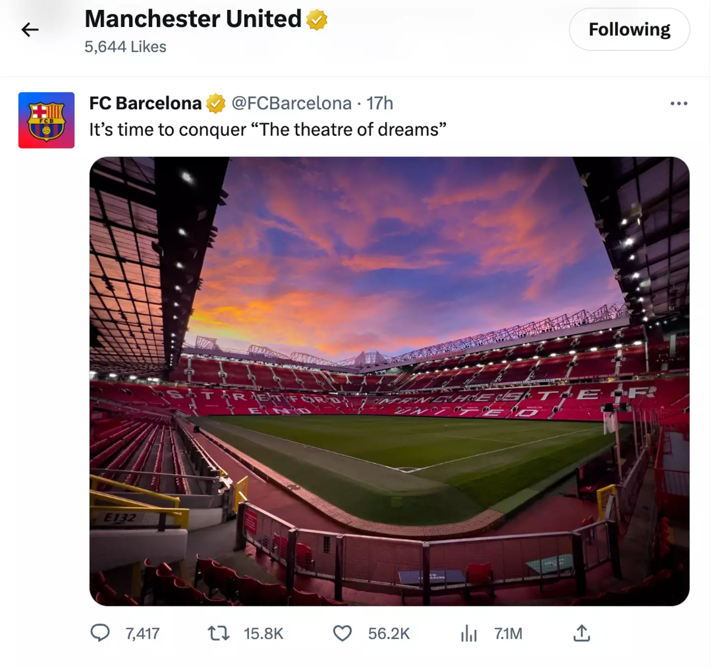 United liked the post. Image: Twitter