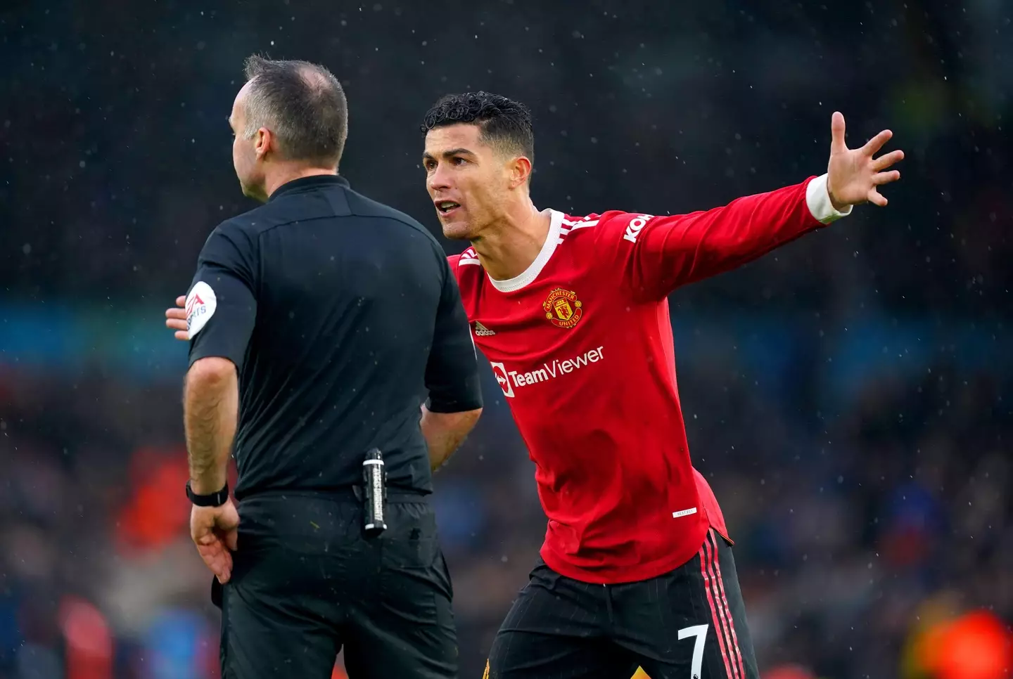 Ronaldo remonstrates with the referee during United's win over Leeds. Image: PA Images