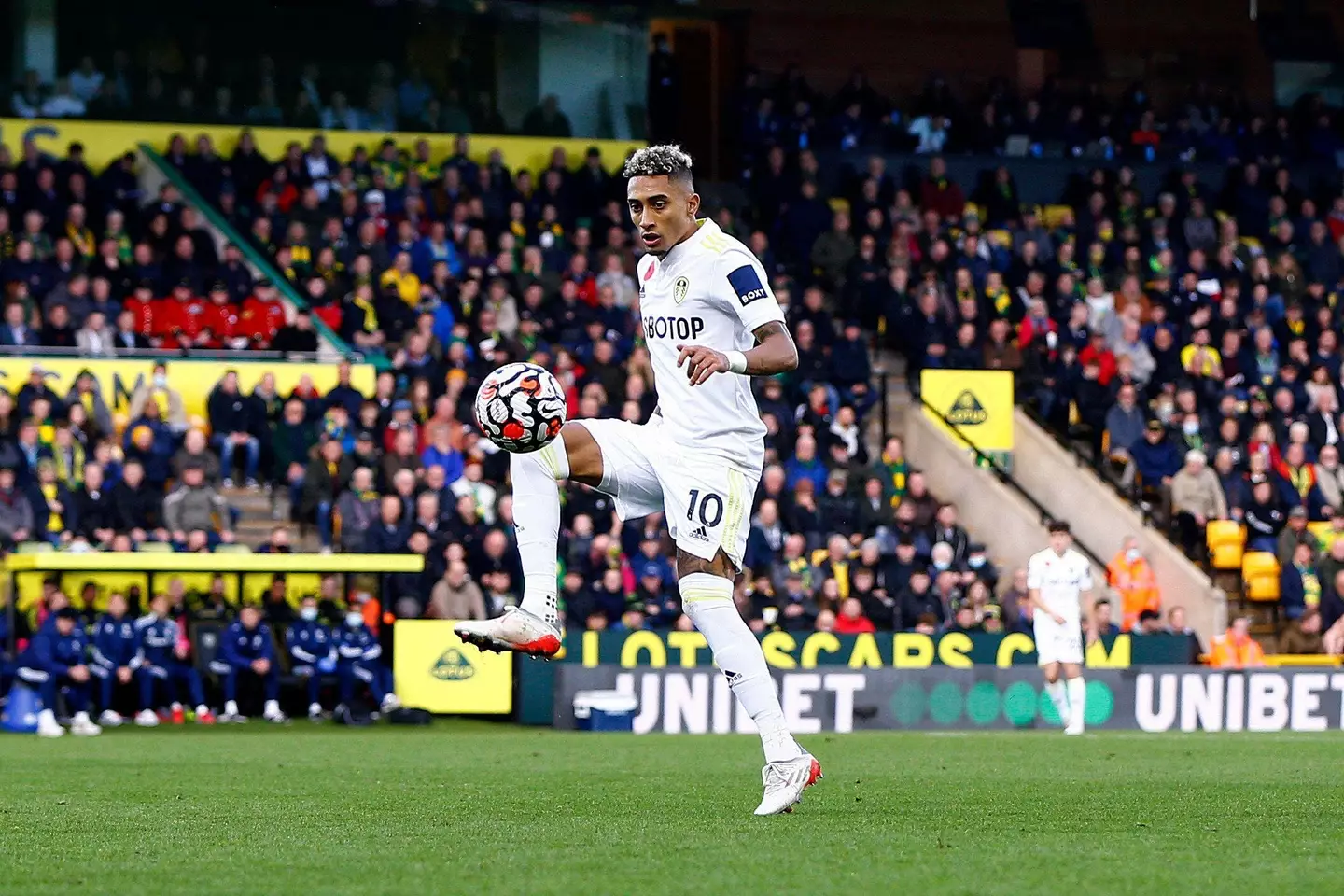 Raphinha of Leeds United with the ball during the Premier League match between Norwich City and Leeds United. (Alamy)