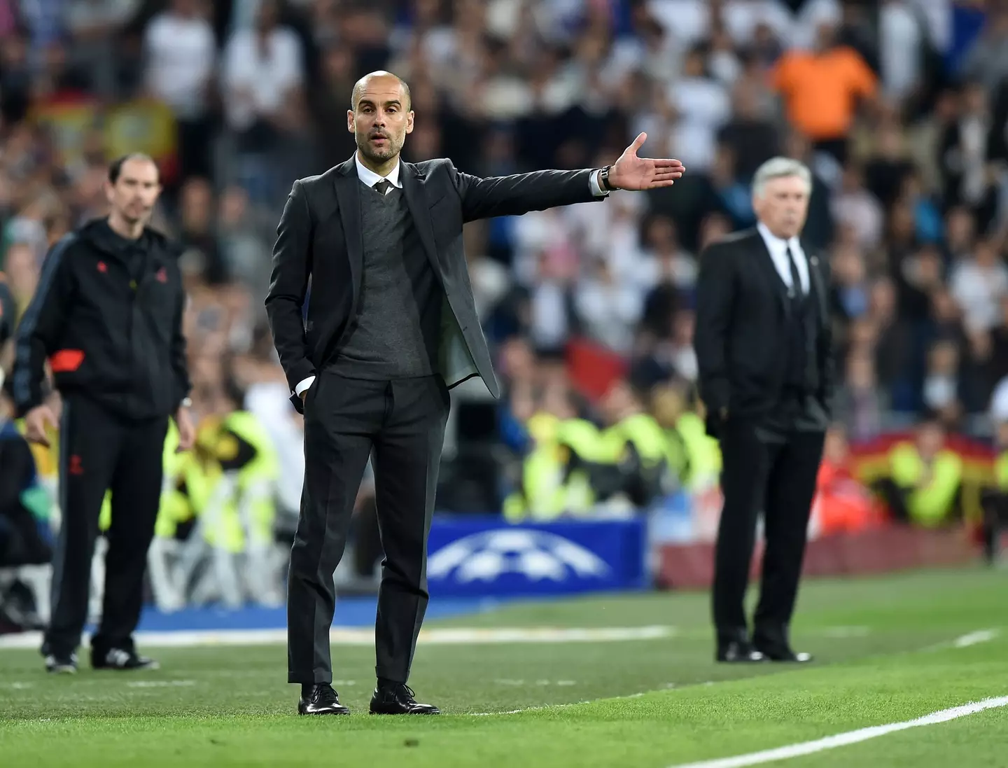 Pep Guardiola on the touchline against Carlo Ancelotti. Image: Getty 