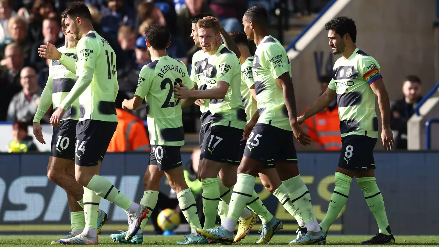 Kevin De Bruyne celebrates his goal against Leicester City.