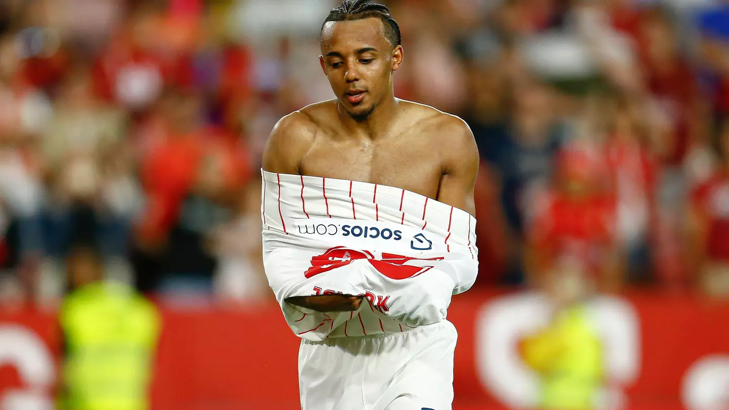 Jules Kounde of Sevilla FC during the La Liga match between Sevilla FC and Athletic Club played at Sanchez Pizjuan Stadium on May 22, 2022 in Sevilla, Spain. (Alamy)