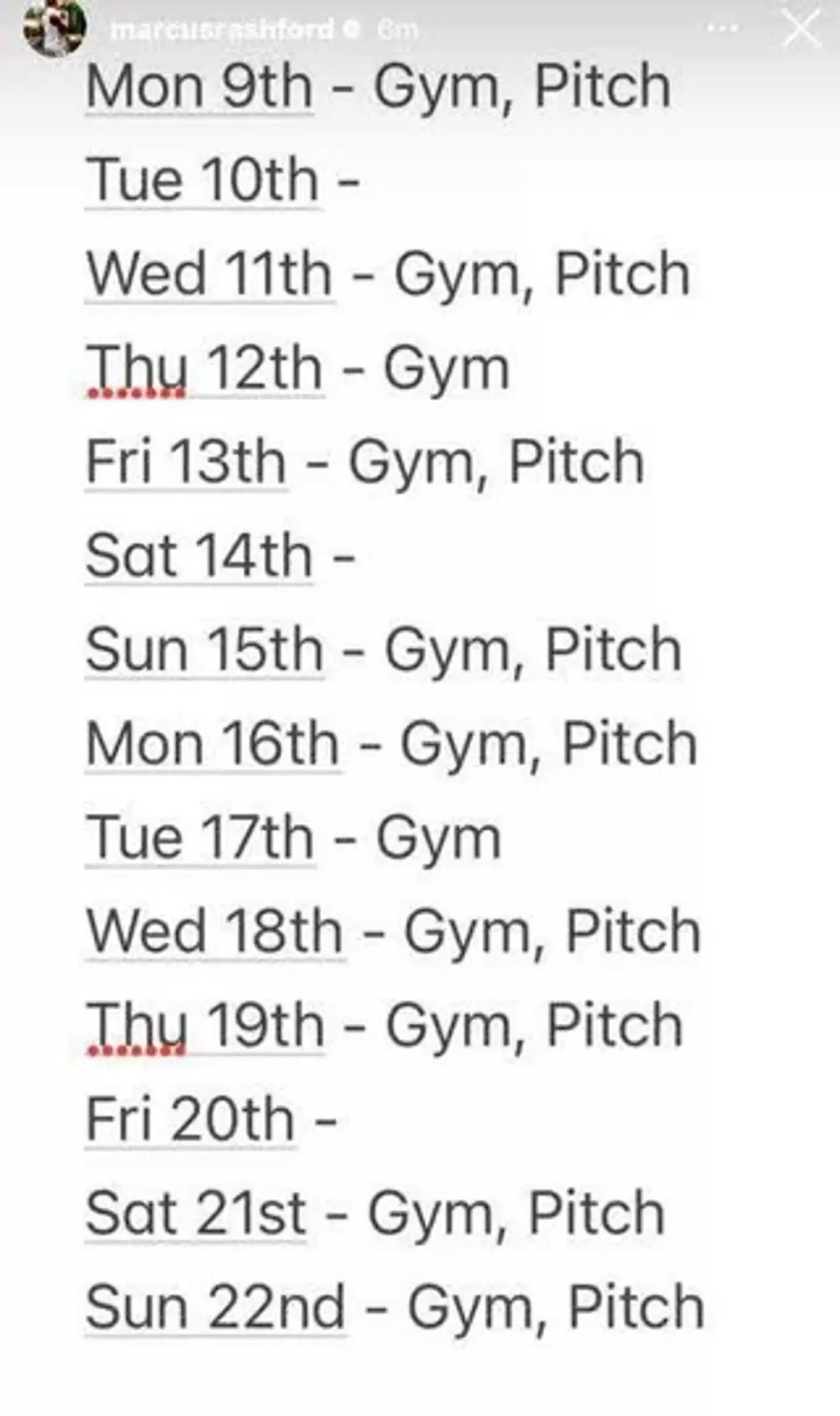 Marcus Rashford's training schedule (Credit:MarcusRashford/IG)