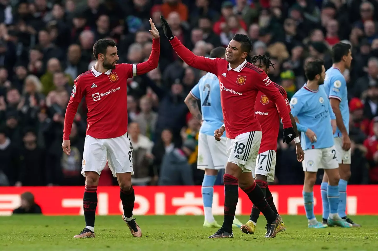 Bruno Fernandes and Casemiro celebrate a goal for Manchester United. Image: Alamy 