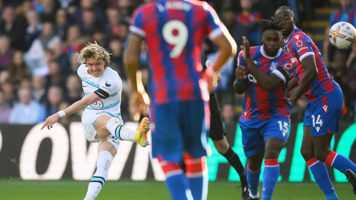 Chelsea's Conor Gallagher shoots and scores the winning goal during the Premier League match against Crystal Palace. (Alamy)