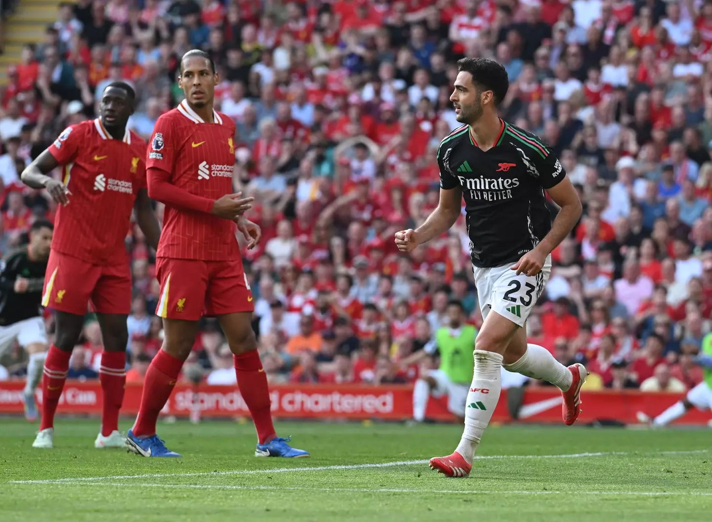 Mikel Merino scored an equaliser for Arsenal against Liverpool. Image: Getty