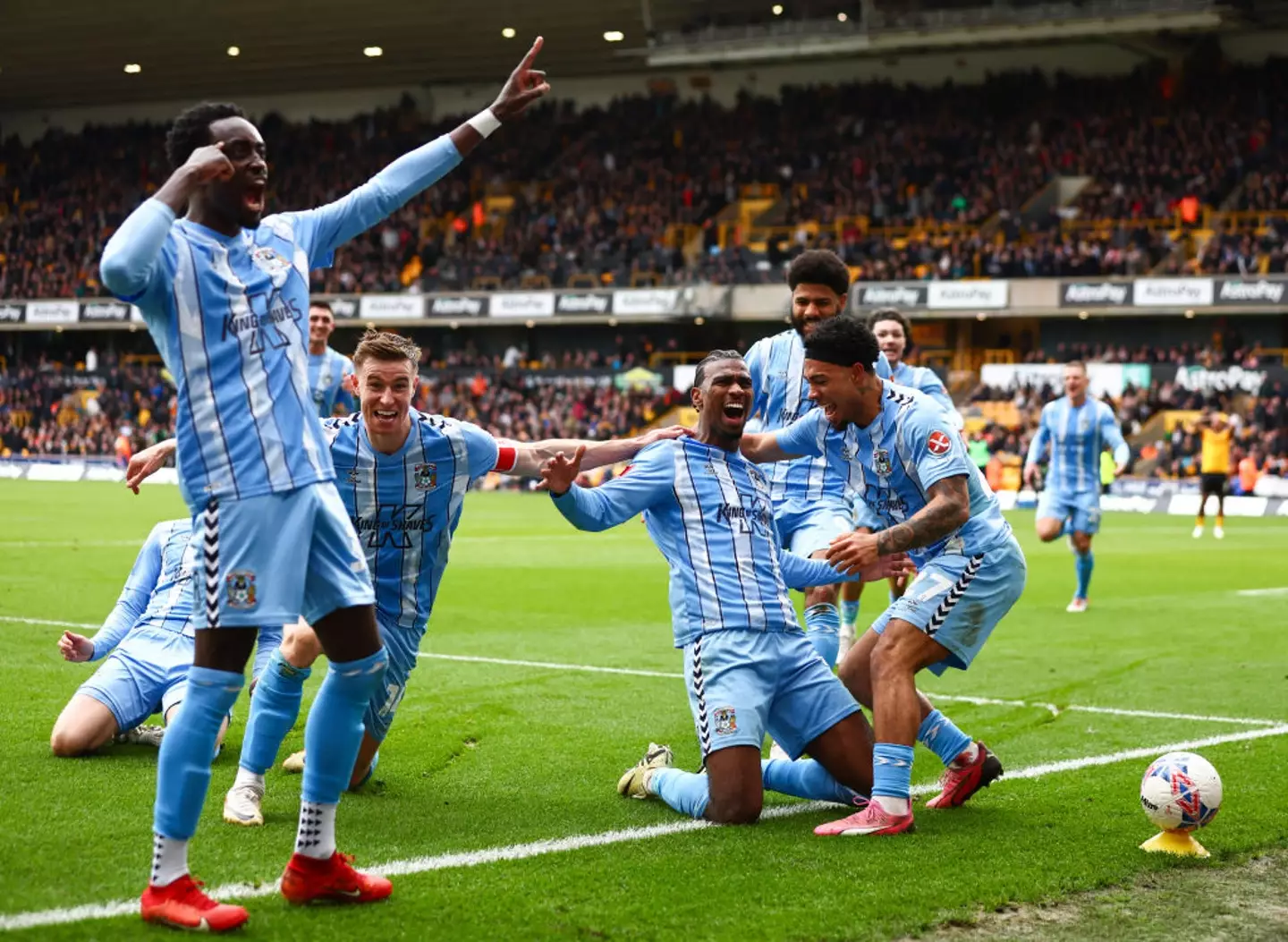Haji Wright celebrates scoring Coventry's winning goal in their 3-2 victory over Wolves (