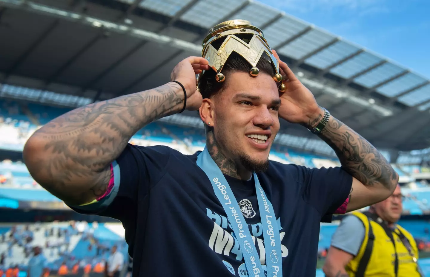 Ederson celebrates winning the Premier League title. Image: Getty