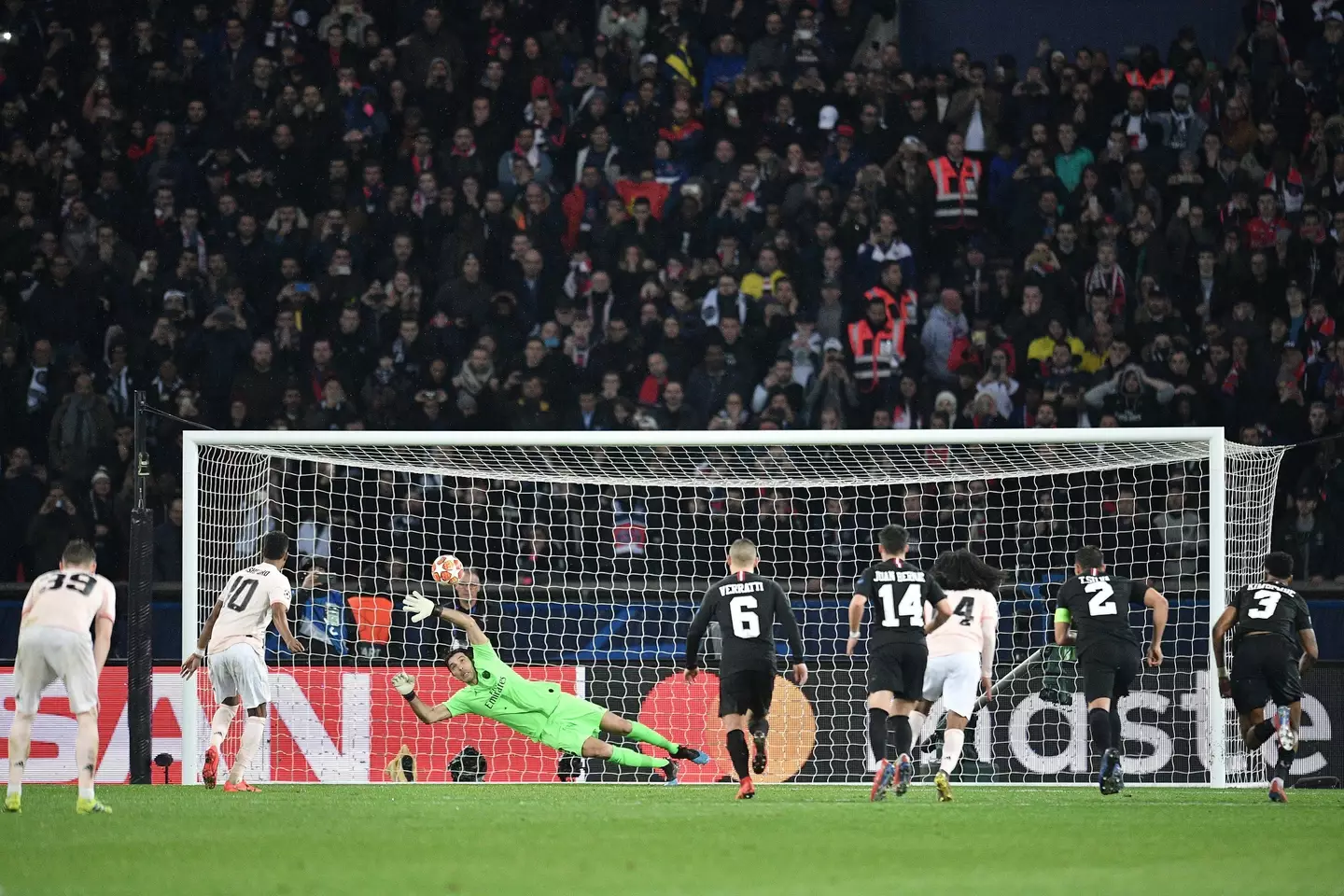 Buffon is beaten by an injury time winner from Rashford. Image: Alamy