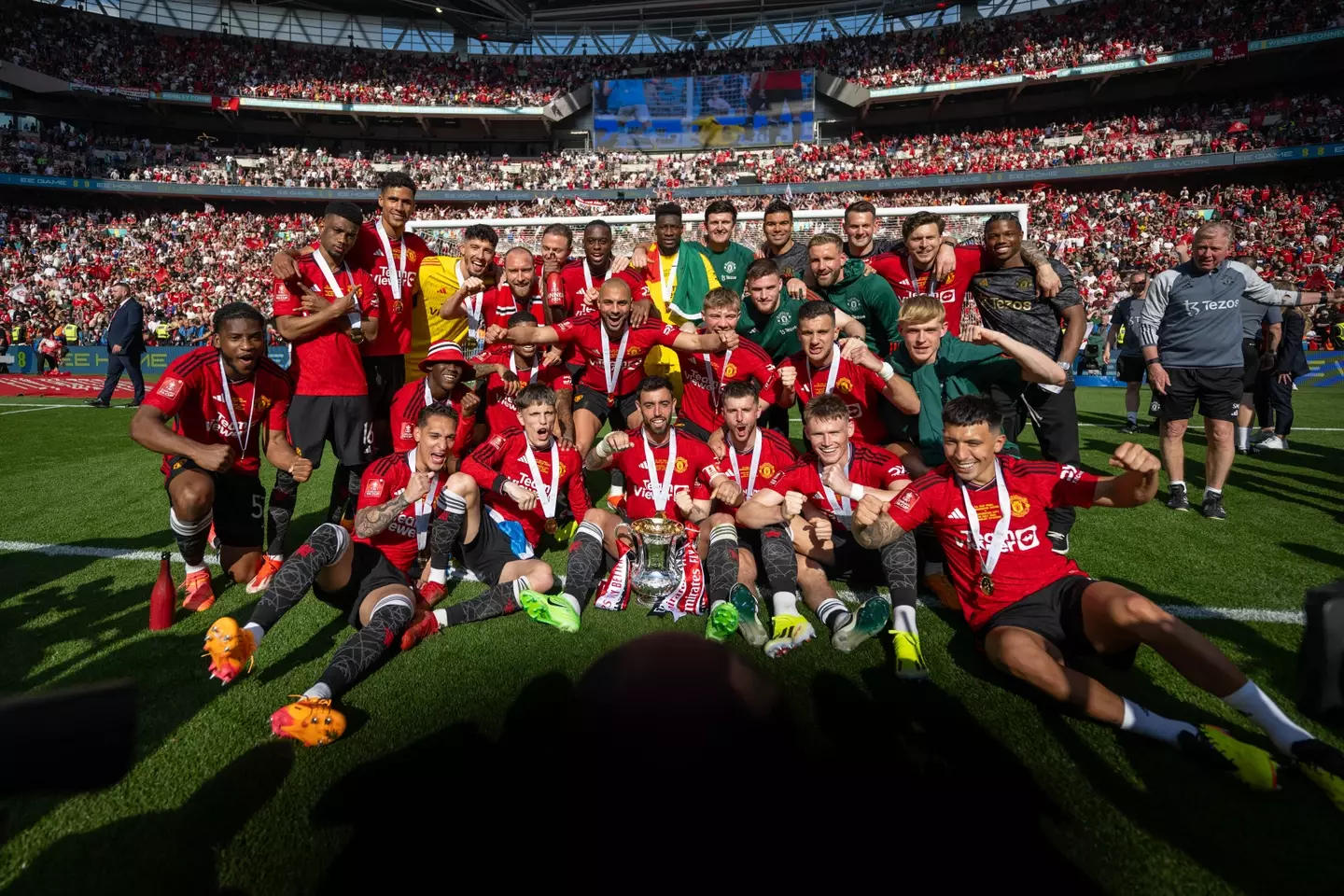 Manchester United celebrate their FA Cup triumph over Manchester City last season. Image: Getty