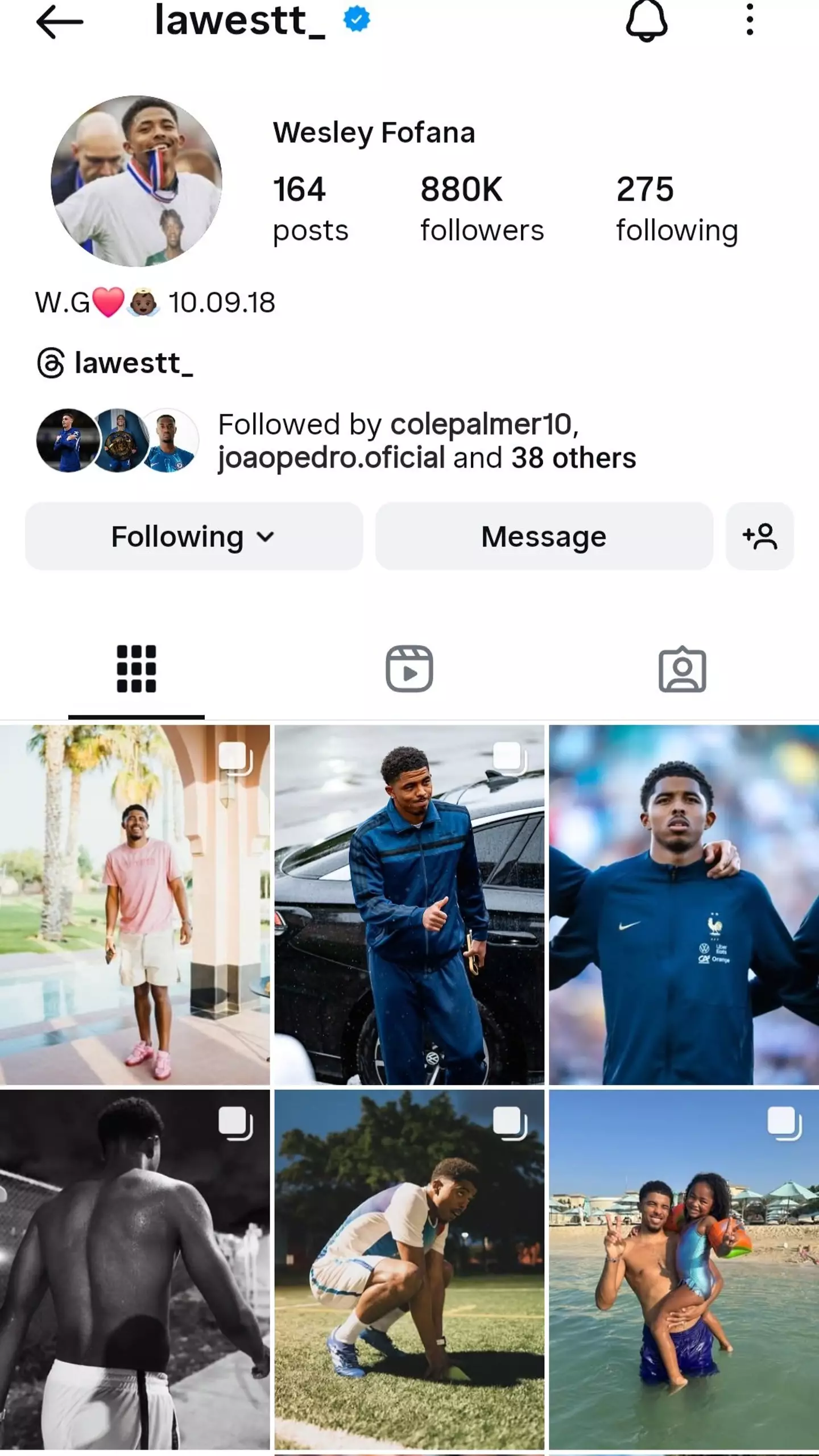 Wesley Fofana has deleted everything related to Chelsea on his Instagram account. Image: Instagram
