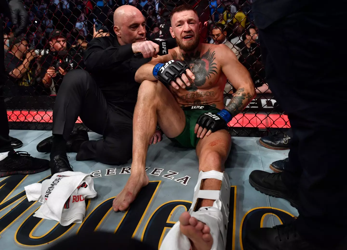 Joe Rogan interviews Conor McGregor following his UFC 264 defeat. Image: Getty