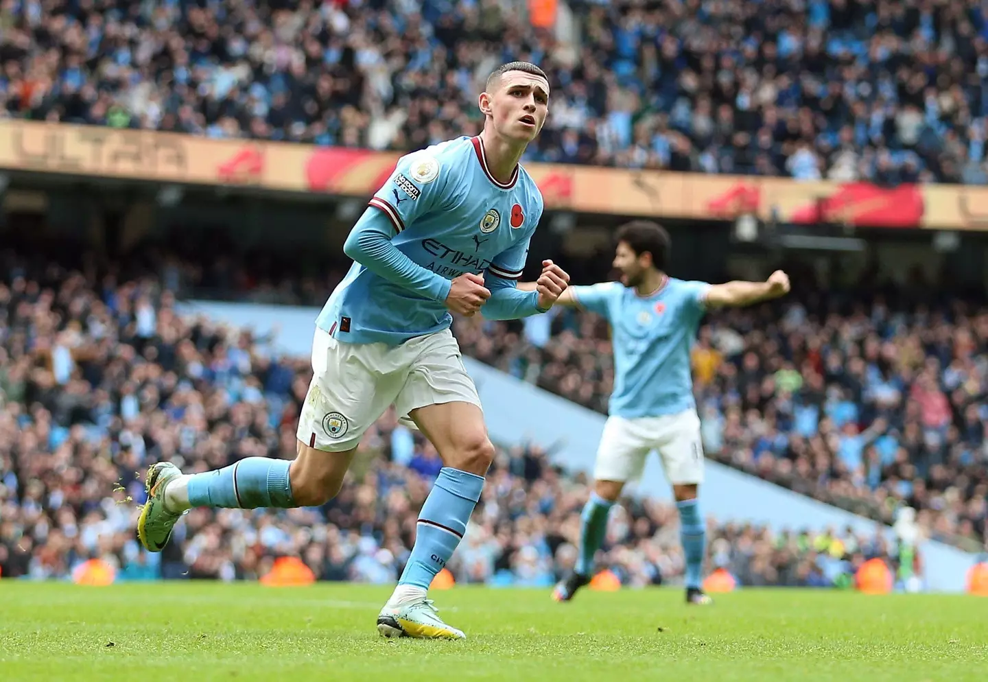Phil Foden celebrates after scoring against Brentford. Image: Alamy