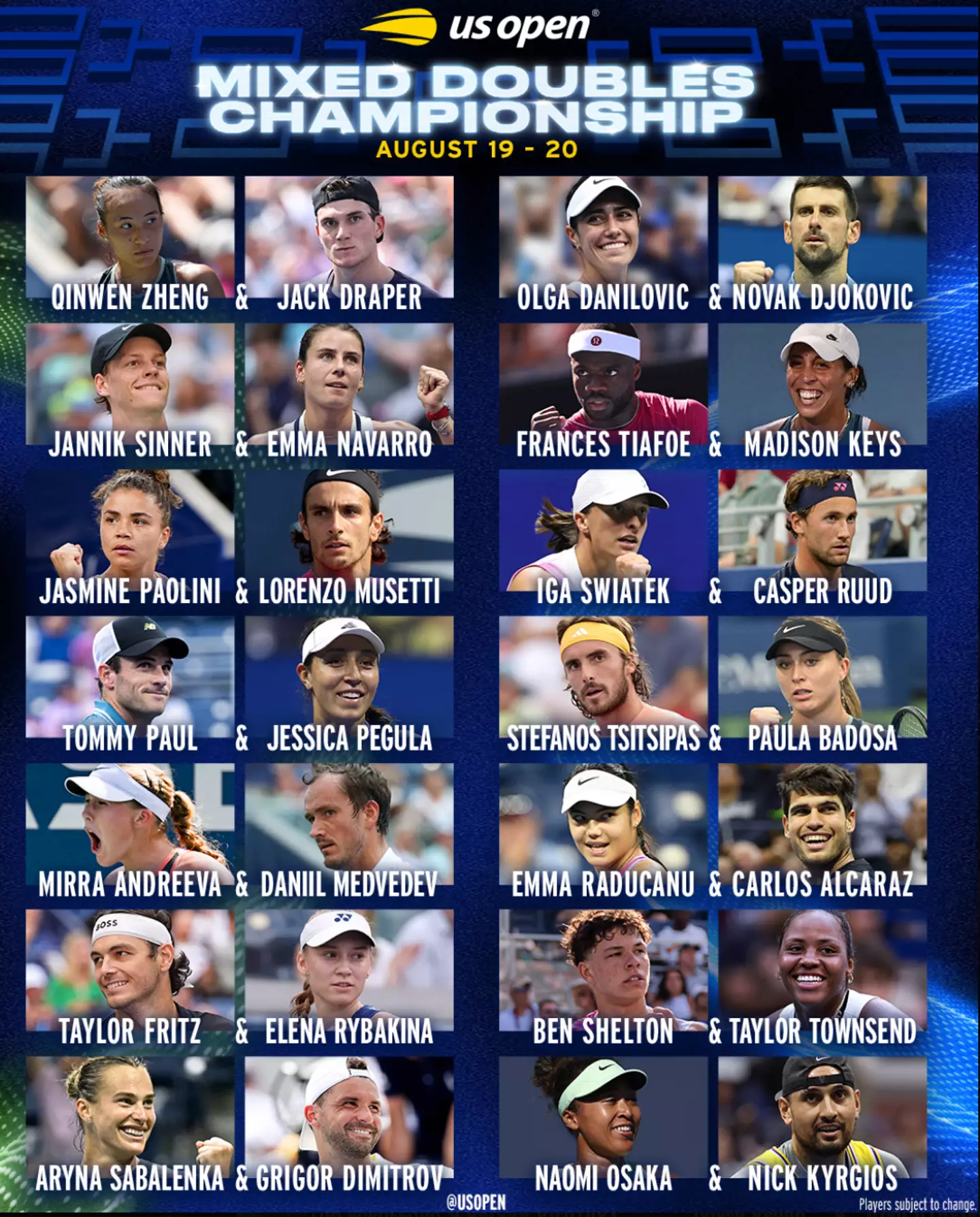 The full list of entrants for the 2025 US Open mixed doubles tournament (Image: Twitter/US Open)
