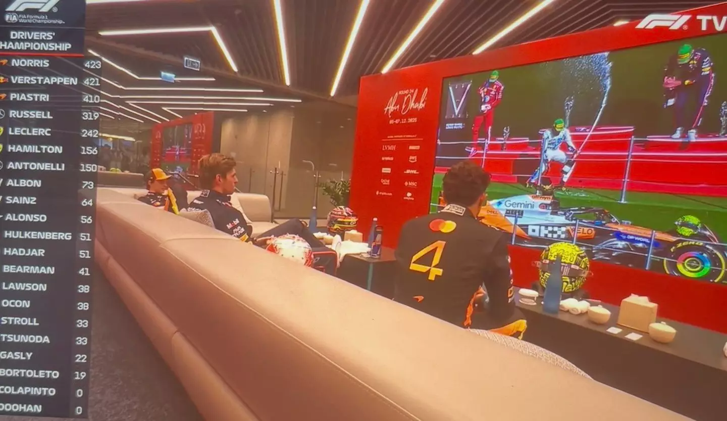 Max Verstappen and Lando Norris shared an 'awkward' exchange in the cooldown room following the Abu Dhabi Grand Prix. Image: Sky Sports