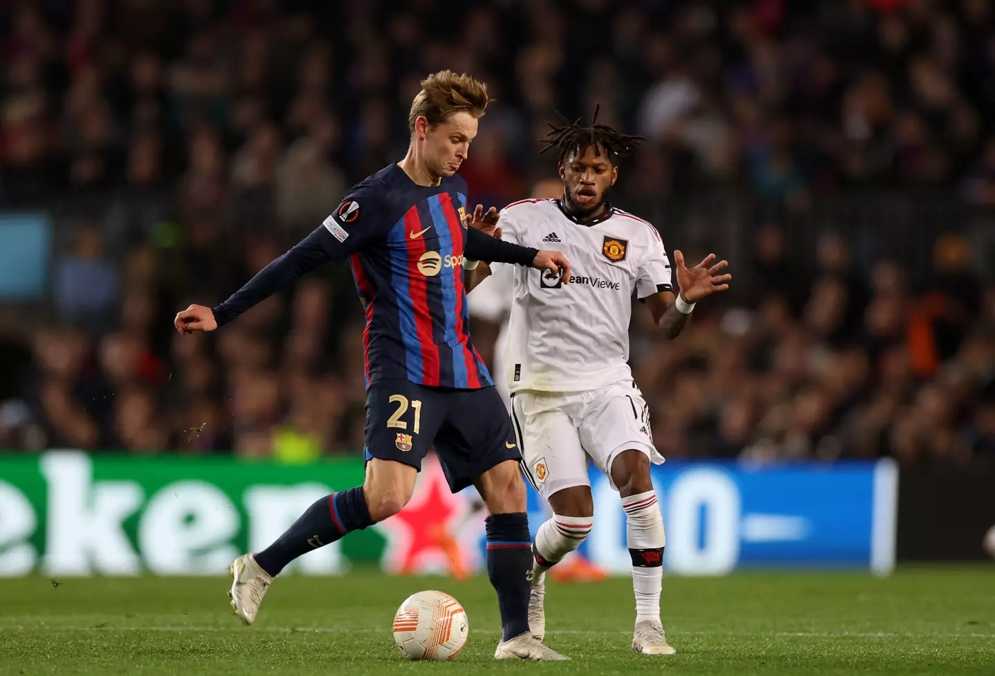 Frenkie de Jong played for Barcelona against United in this season's Europa League, getting knocked out 4-3 on aggregate in the round of 32. (