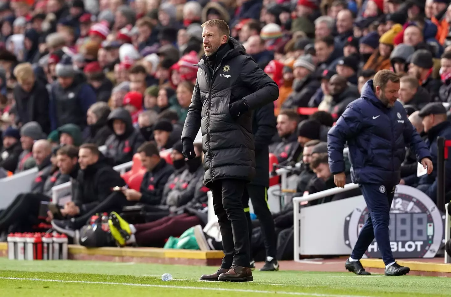 Graham Potter on the touchline at Anfield. Image: Alamy 