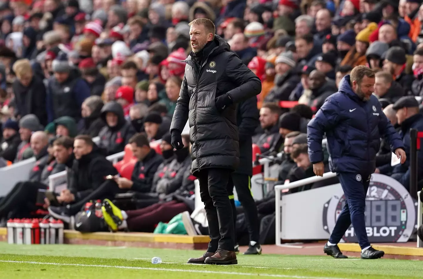 Graham Potter on the touchline at Anfield. Image: Alamy
