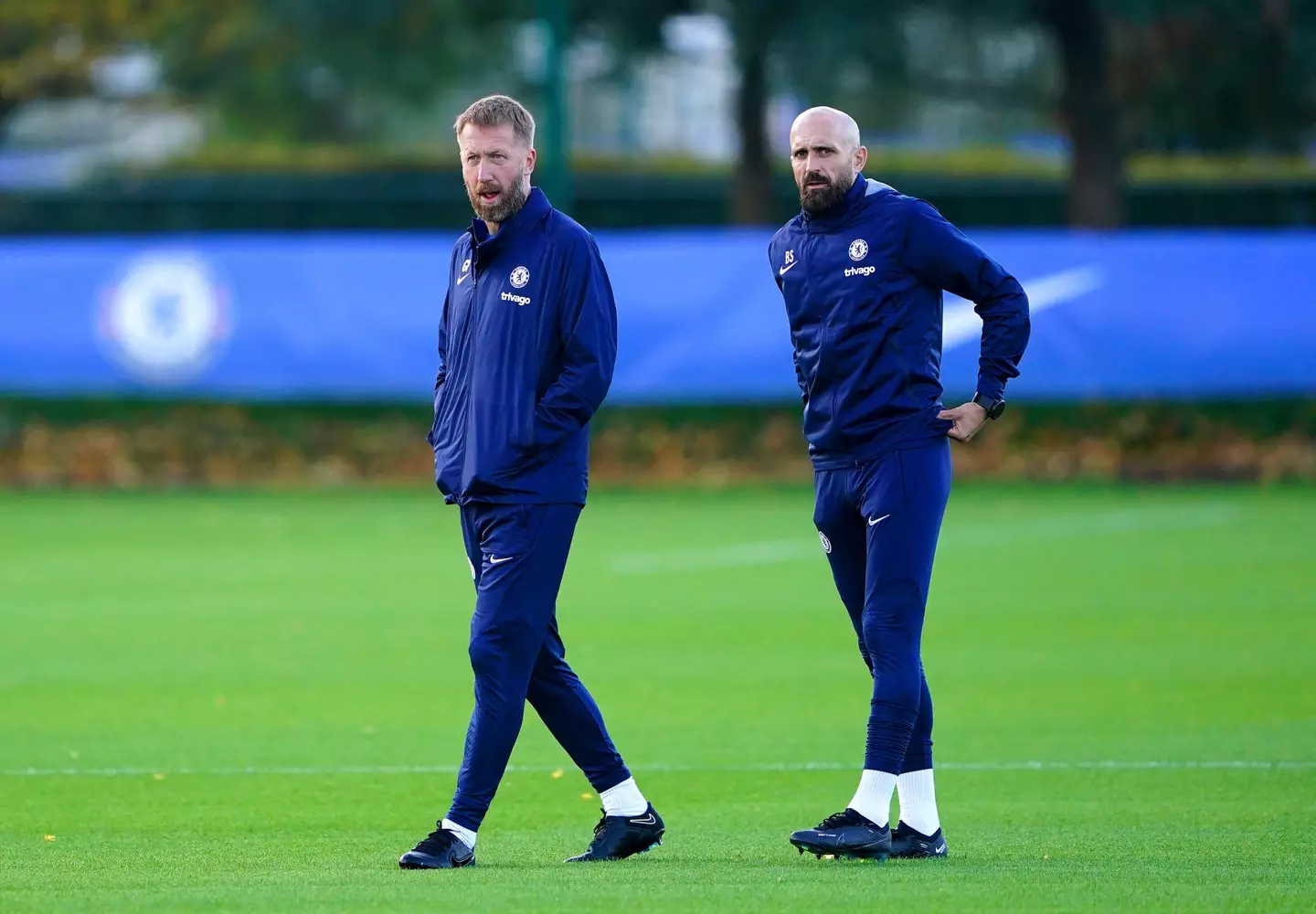Chelsea manager Graham Potter (left) and assistant coach Bruno Saltor Grau during a training session at Cobham Training Centre. (Alamy)