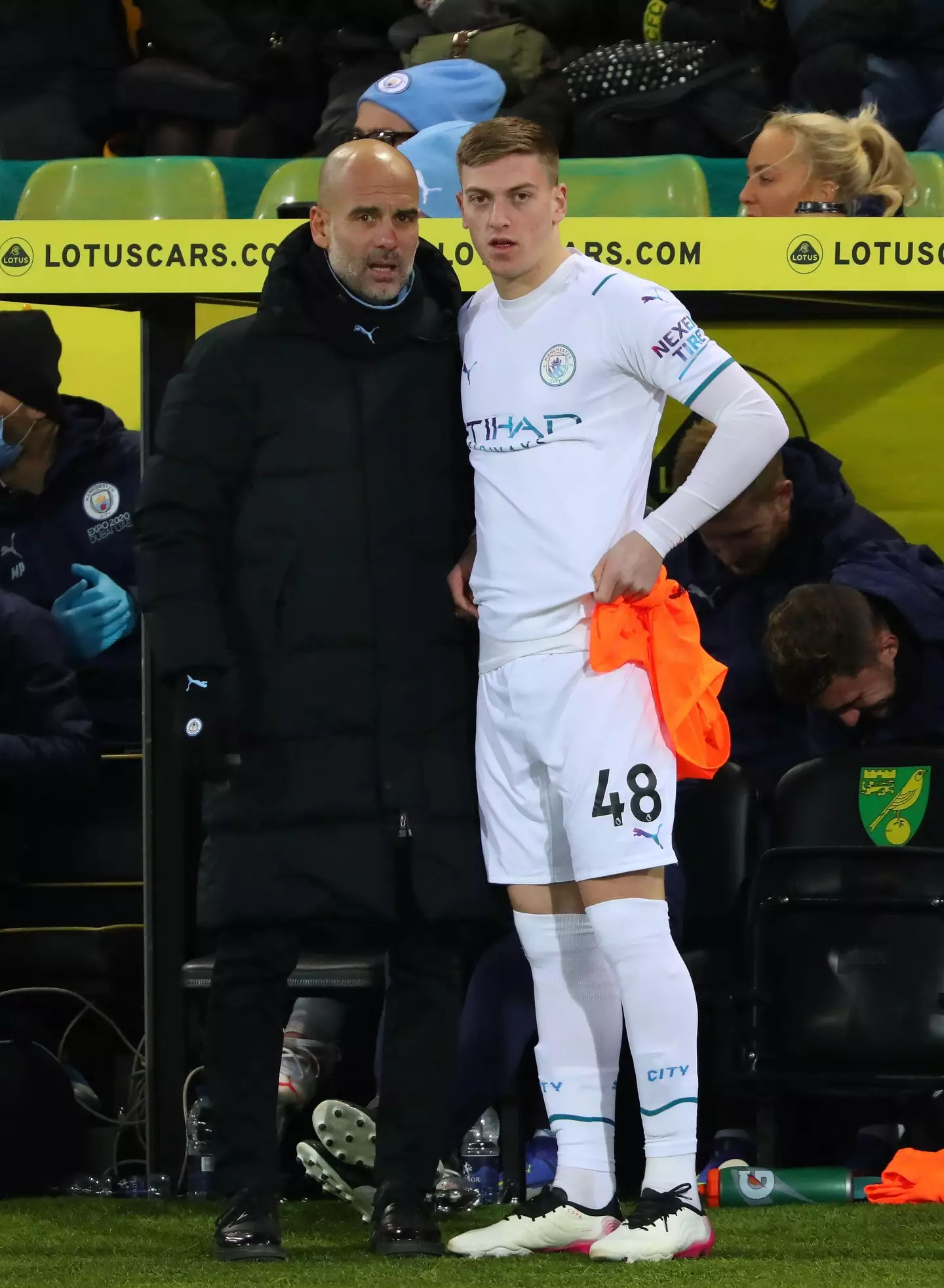 Manchester City manager Pep Guardiola with Liam Delap (Image: MatchDay Images Limited / Alamy) 