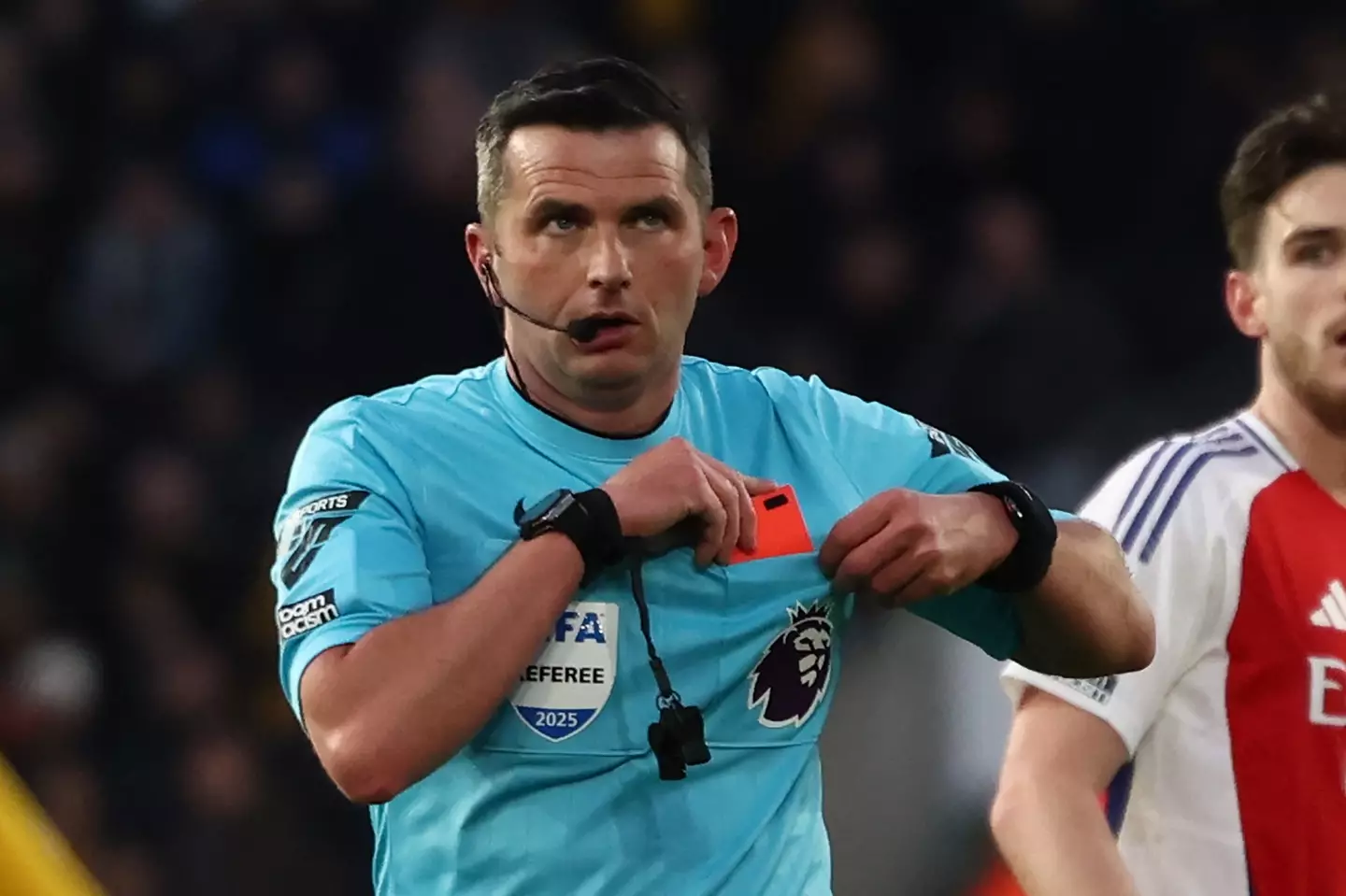 Michael Oliver sent off two players in Arsenal's win over Wolves. Image: Getty
