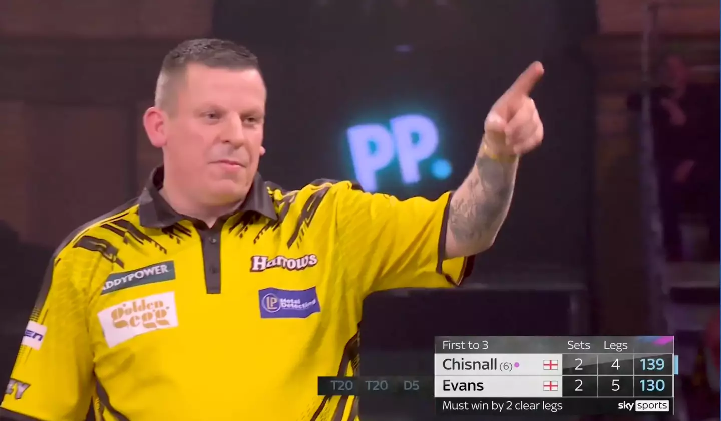Chisnall celebrated after the miscount. Image credit: Sky Sports