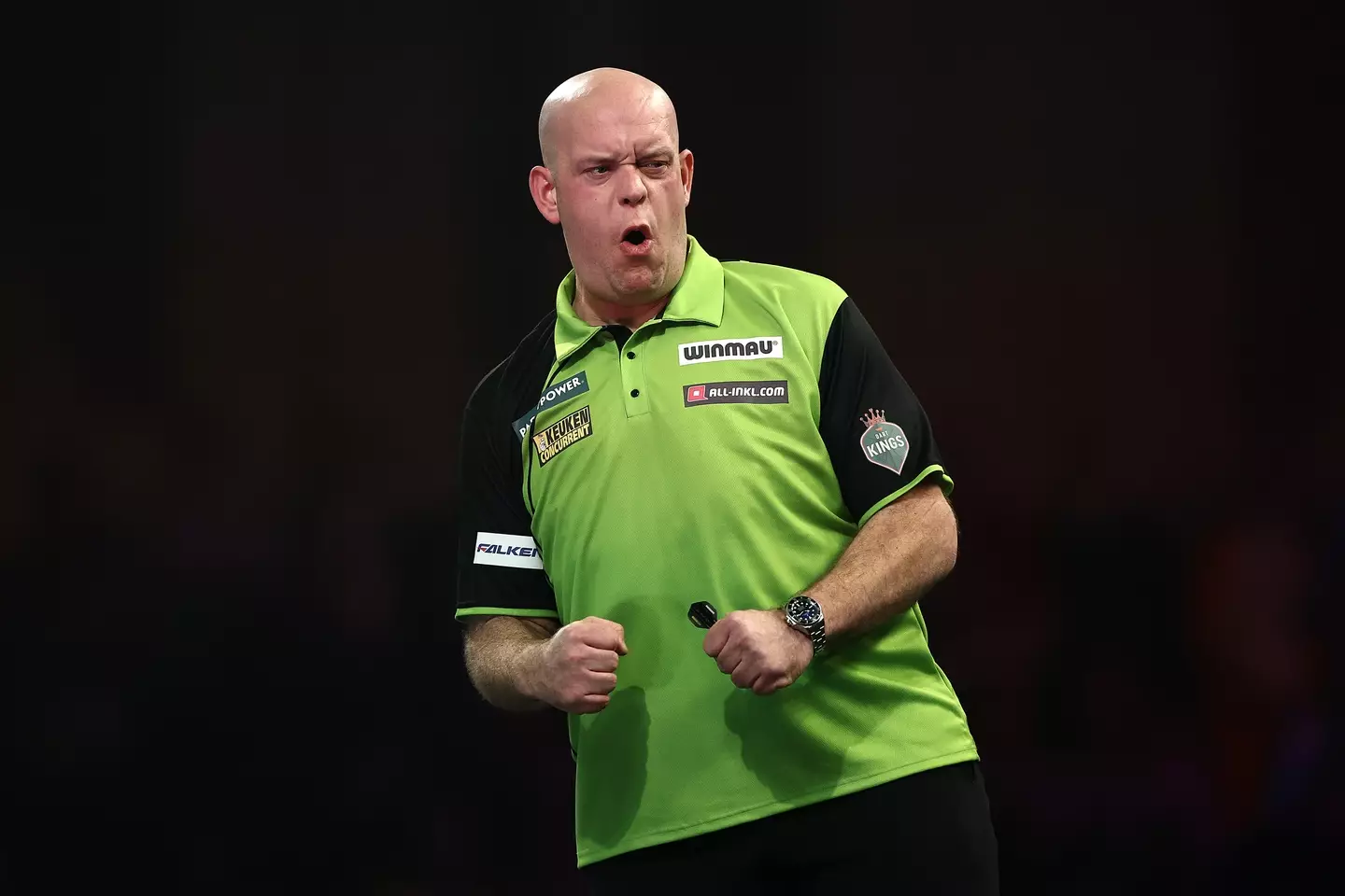 Michael van Gerwen in his green shirt for his World Darts Championship match. Image: Getty