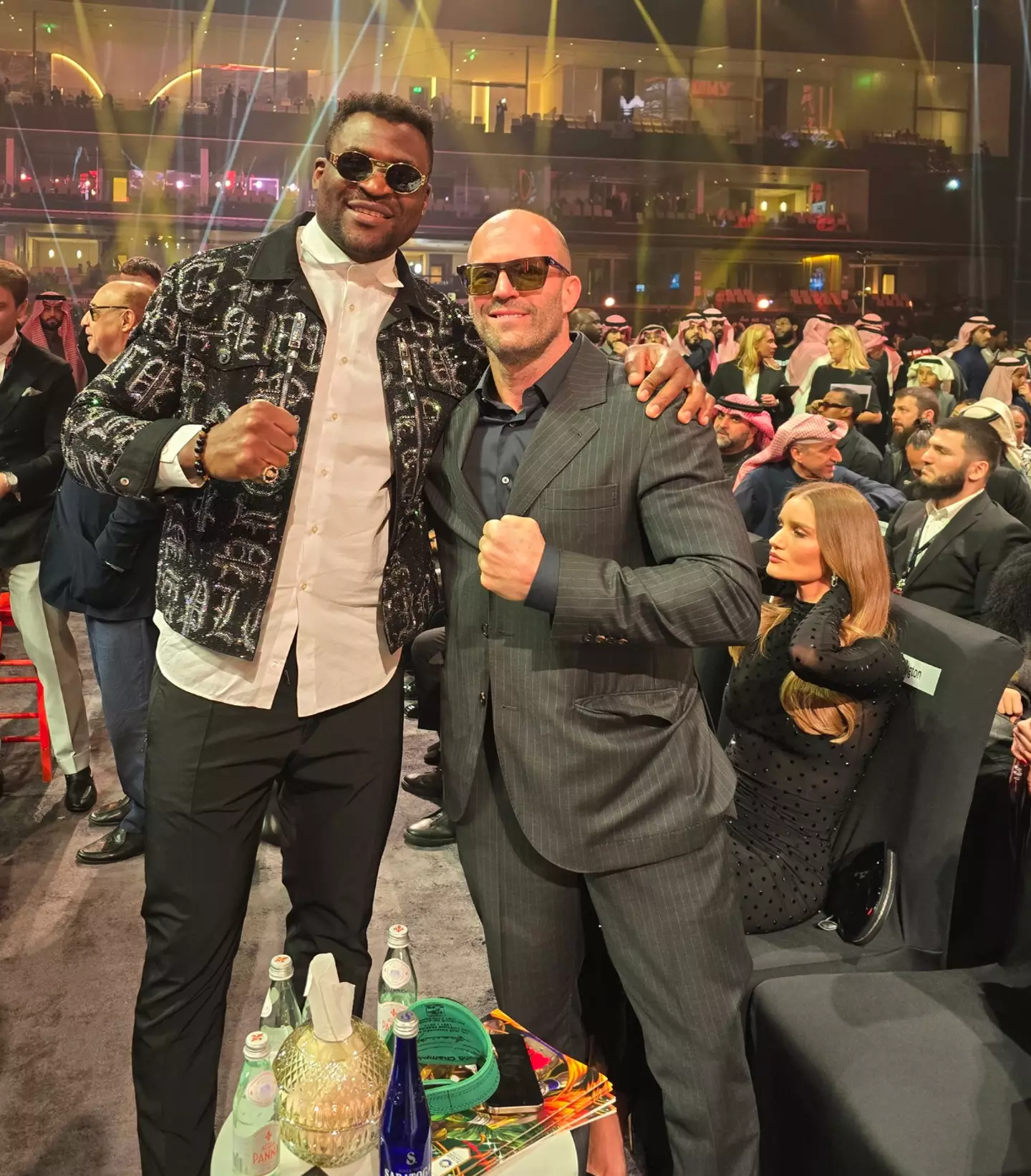 Francis Ngannou with Jason Statham at Oleksandr Usyk vs. Tyson Fury 2. Image: X/Francis Ngannou