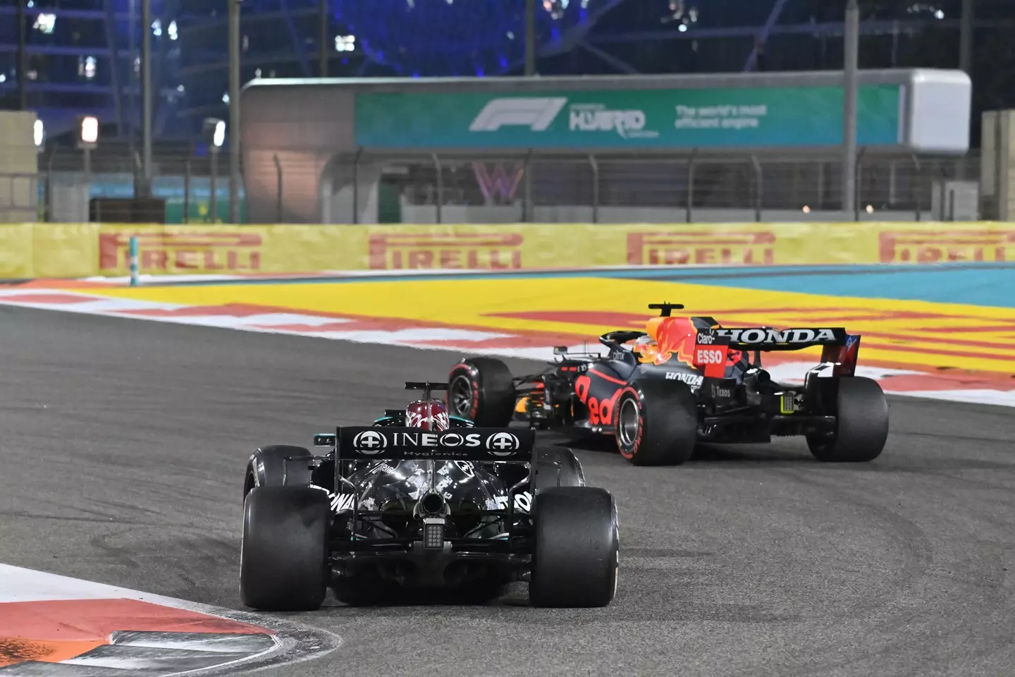 Verstappen leading Hamilton on the final lap. Image: PA Images