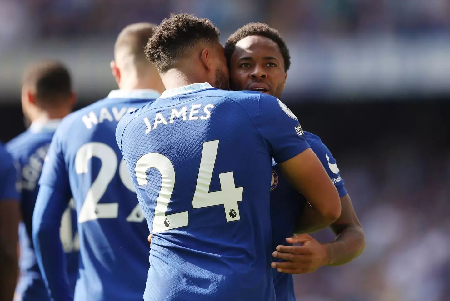 Reece James celebrating with Raheem Sterling for Chelsea. (Chelsea FC)