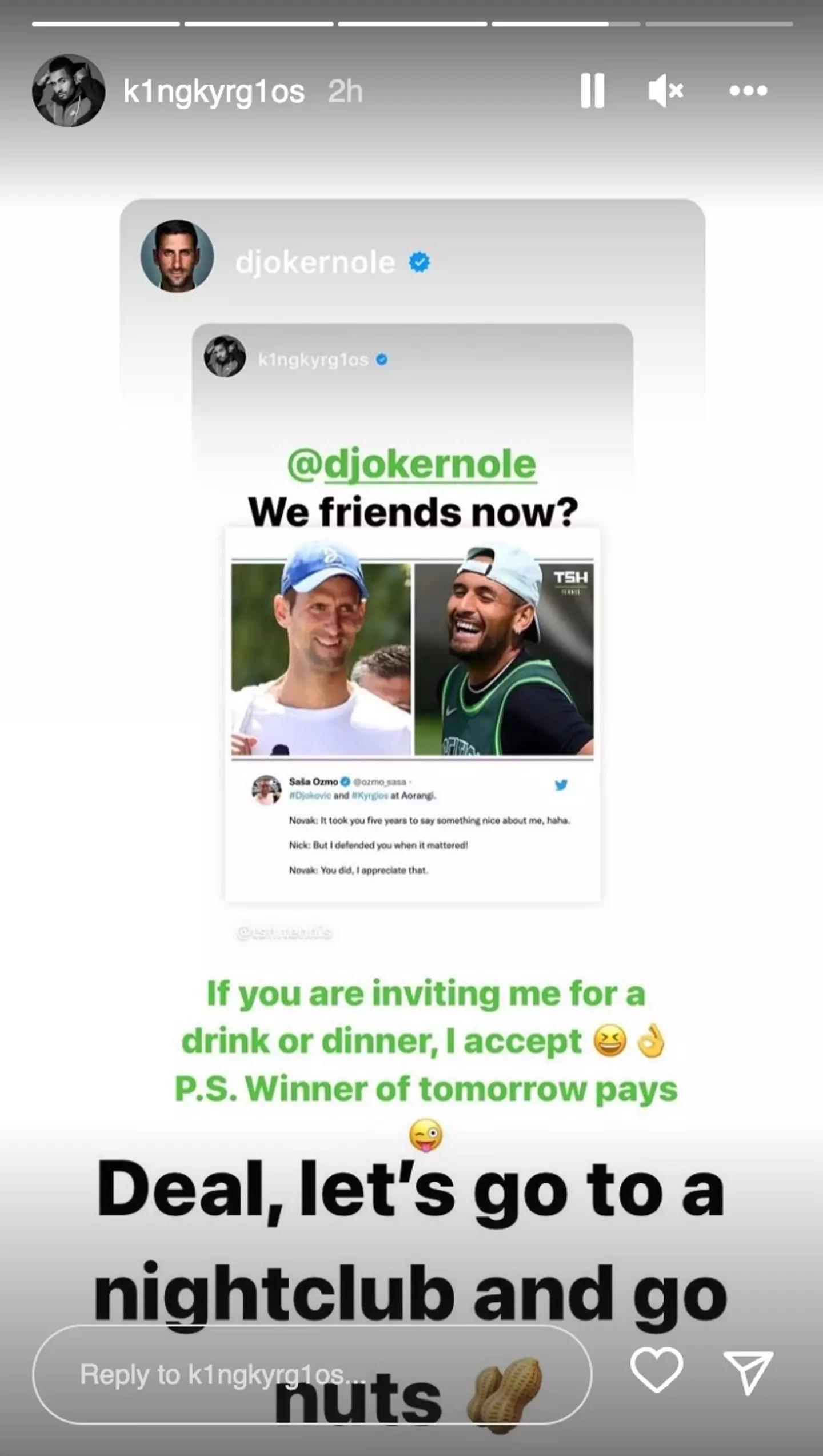 Kyrgios and Djokovic have agreed to a side bet on Sunday's Wimbledon final (Image: Instagram/Nick Kyrgios)