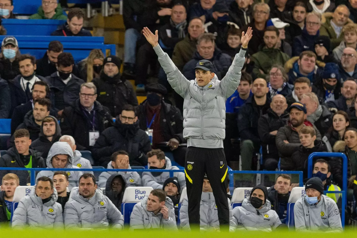 Chelsea's manager Thomas Tuchel gestures during the English Premier League match between Chelsea and Liverpool. (Alamy)