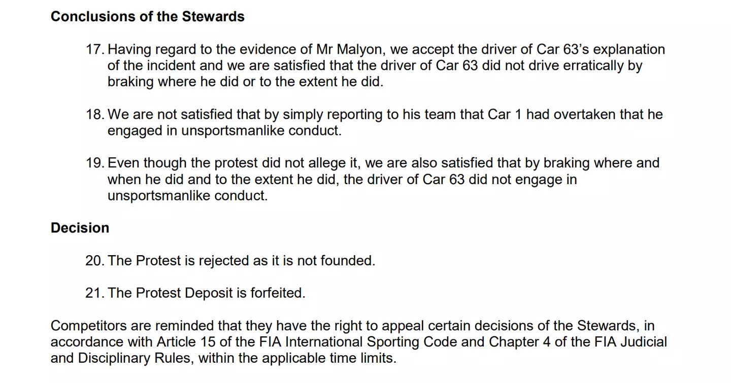 FIA's closing statement on Red Bull's protest against George Russell (Image: FIA)