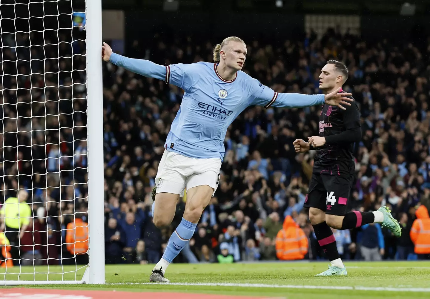 Haaland celebrates one of his many goals. Image: PA Images