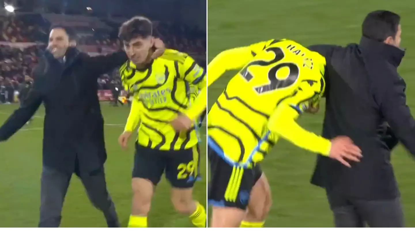 Mikel Arteta gets Kai Havertz in headlock and takes him over to Arsenal's travelling supporters