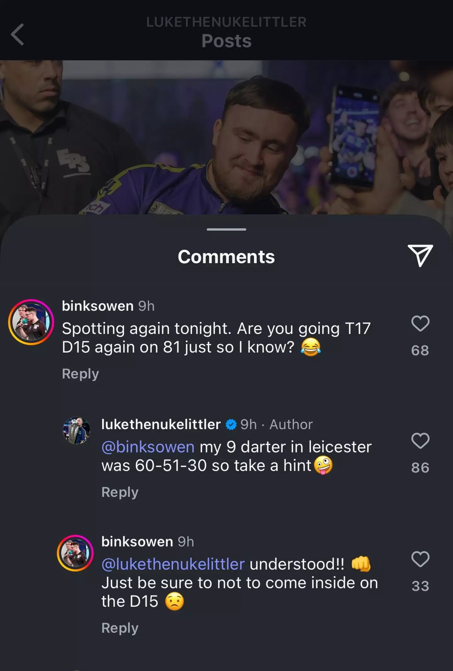 Luke Littler's message to a 'spotter' emerged after his nine-darter. Image: Instagram/Luke Littler