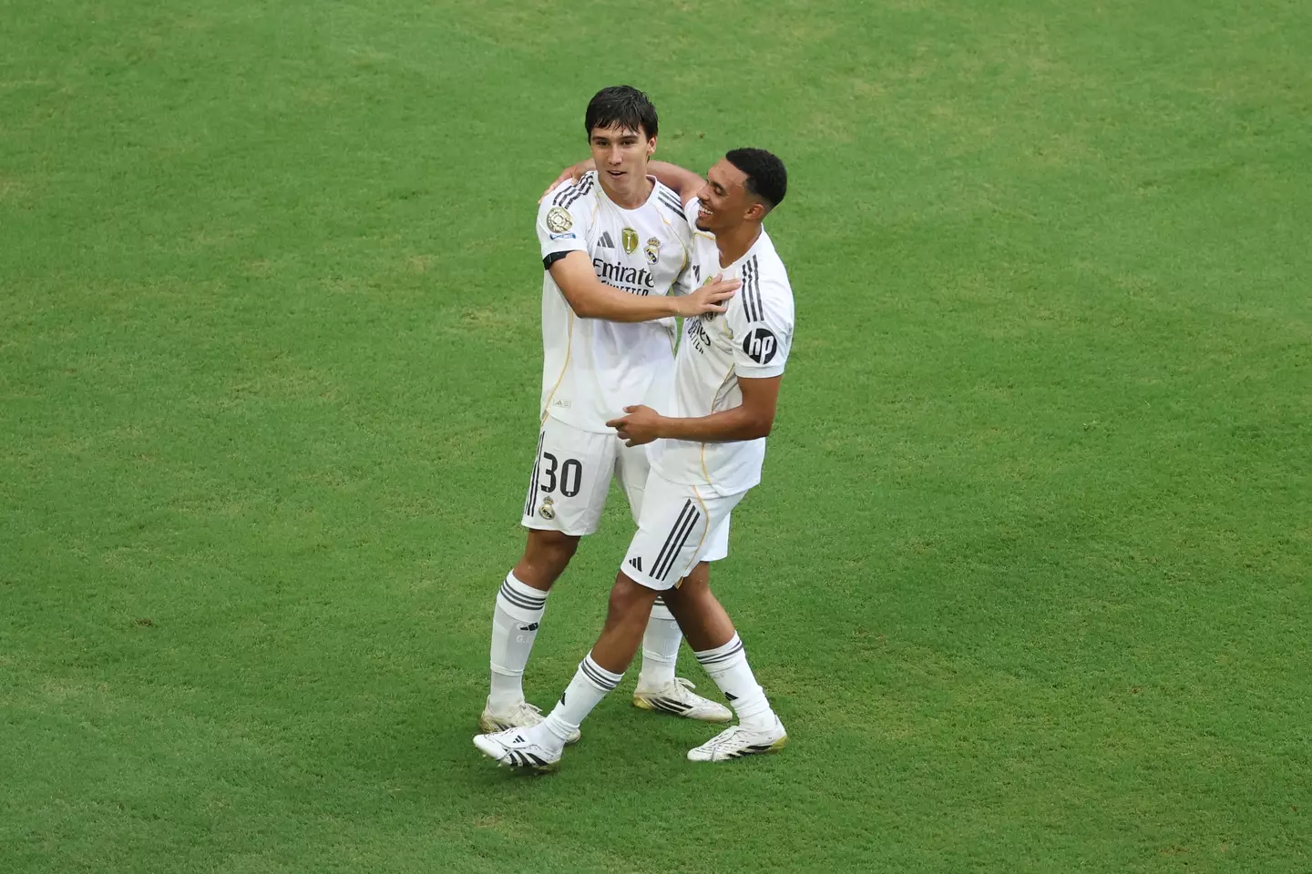 Trent celebrates with Goncalo Garcia after he opened the scoring for Madrid in their Club World Cup clash against Juventus. Image credit: Getty