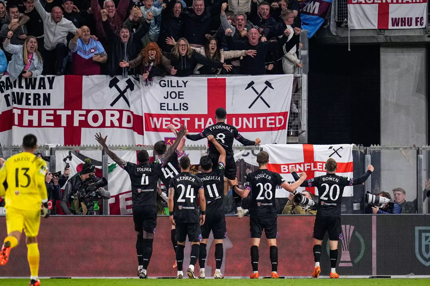 West Ham players celebrate in front of the fans. Image: Alamy