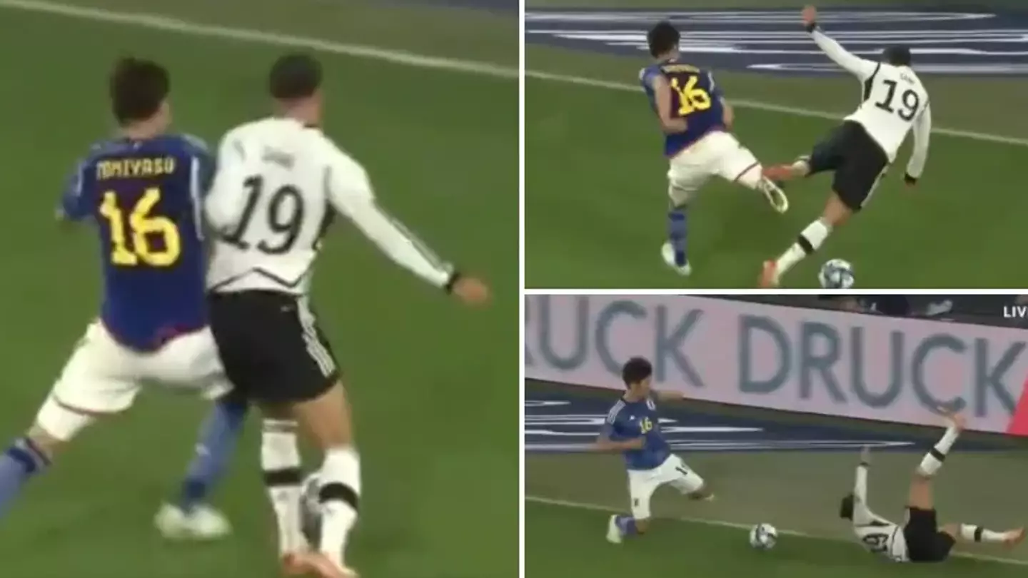 Arsenal's Takehiro Tomiyasu floors Bayern Munich's Leroy Sane with no-nonsense defending