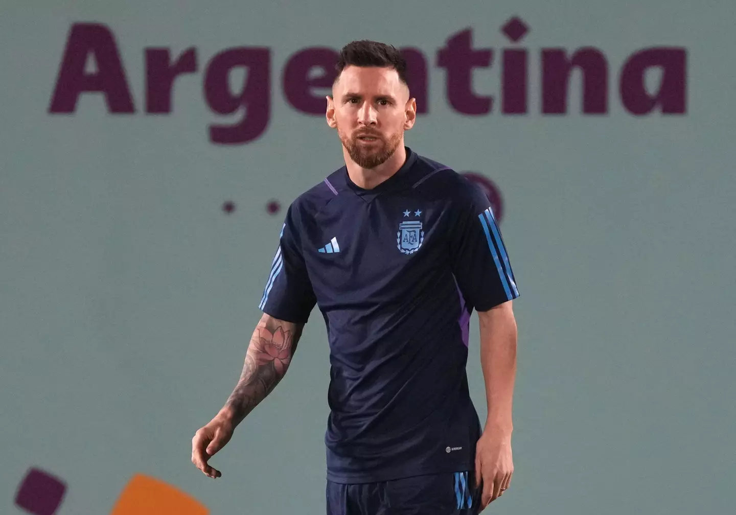 Lionel Messi during a training session ahead of the World Cup final. Image: Alamy