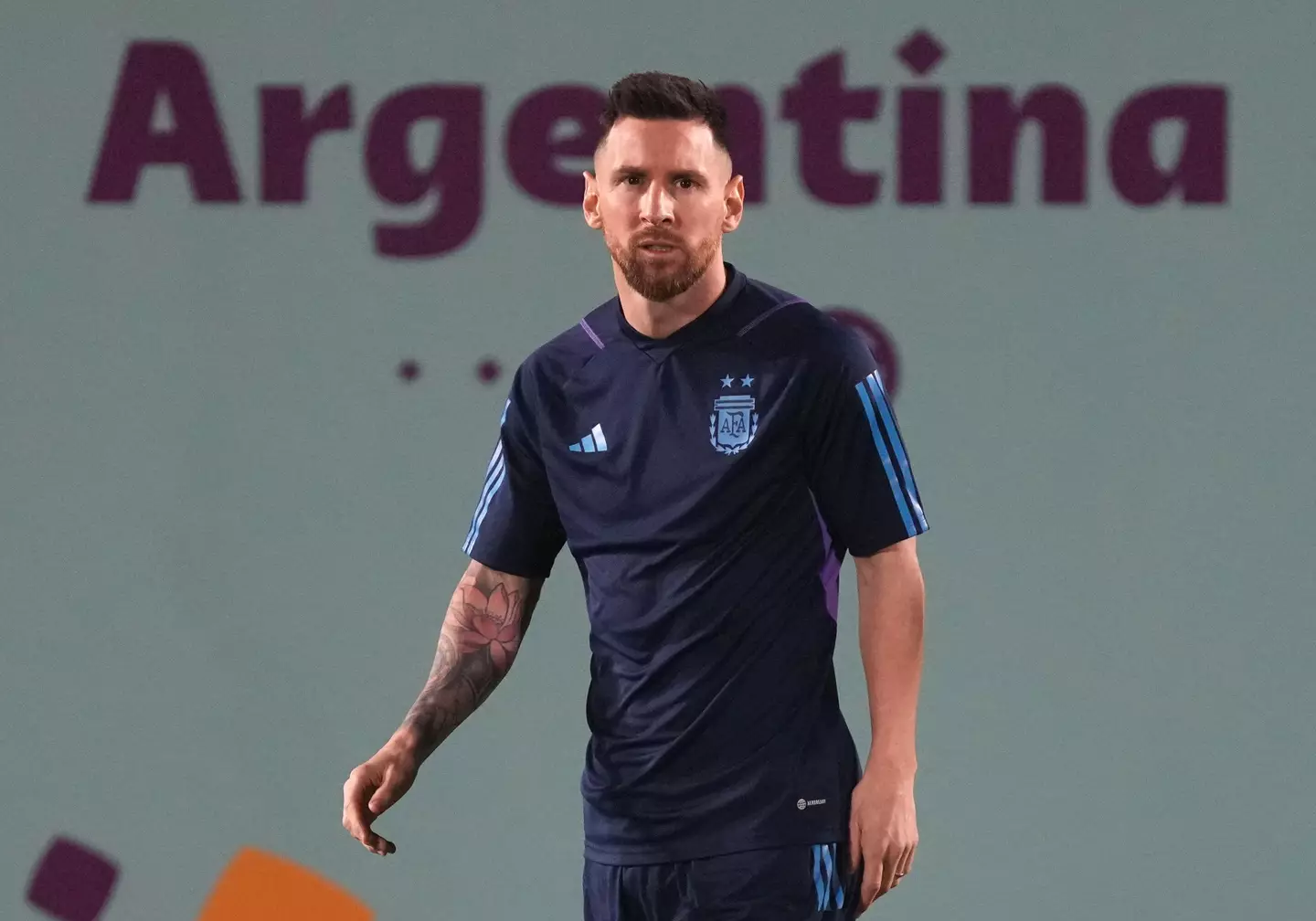 Lionel Messi during a training session ahead of the World Cup final. Image: Alamy 