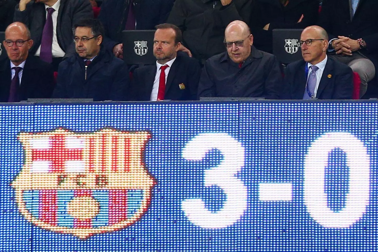 Joel Glazer, Avram Glazer and former CEO Ed Woodward watch on as Manchester United are beaten by Barcelona in 2019. (Alamy)