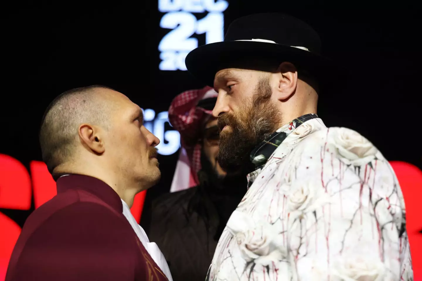 Fury sporting his beard in a face-off with Usyk (Image: Getty)