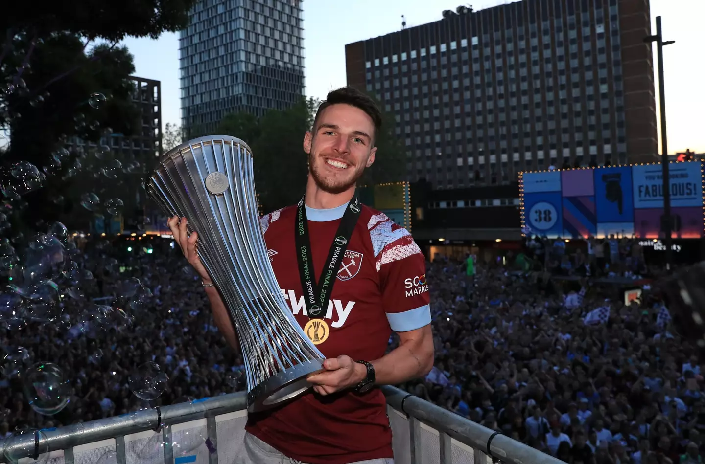 Declan Rice with the Europa Conference League trophy. Image: PA