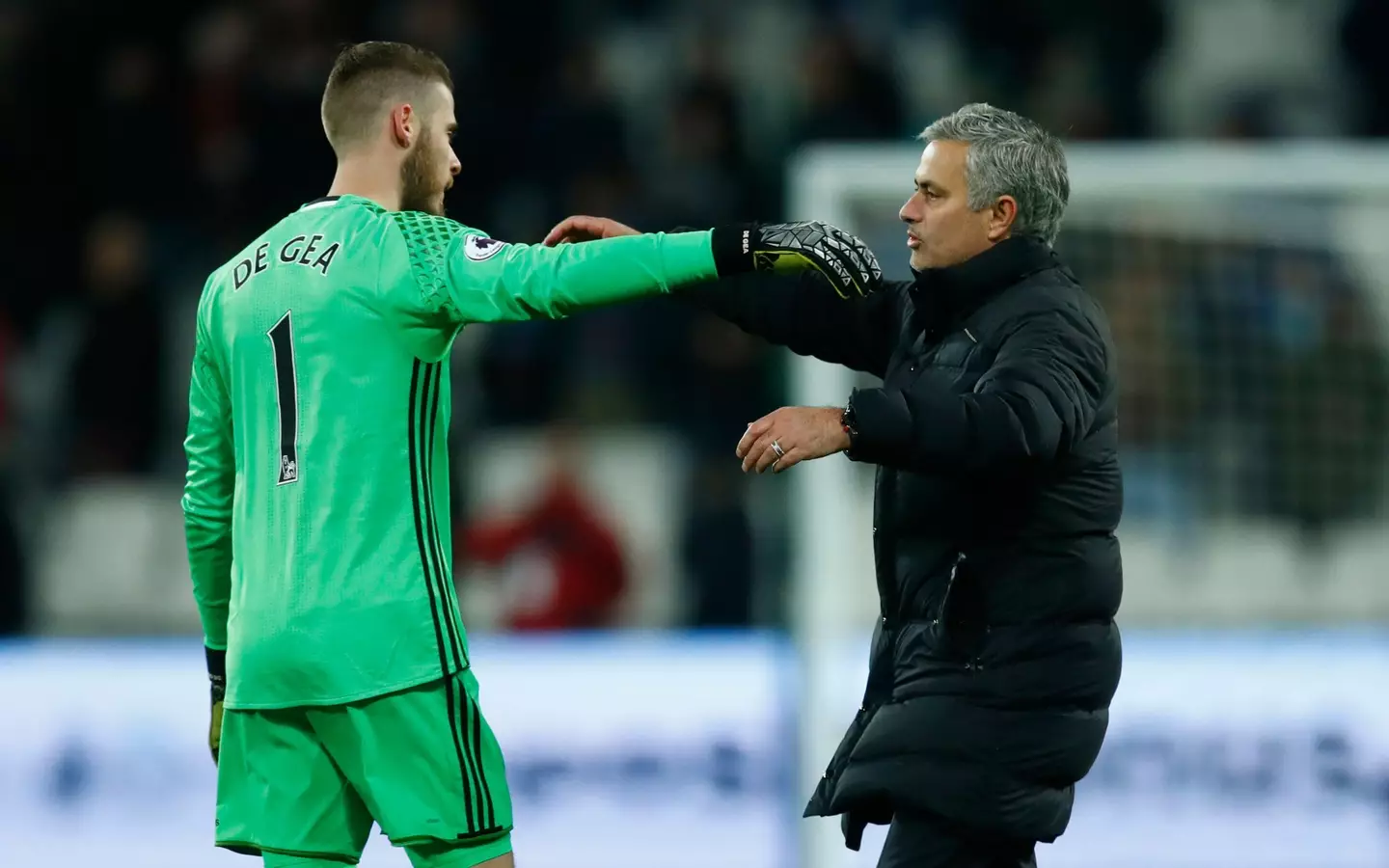 Mourinho and de Gea embrace following victory over West Ham United in 2017. (Image