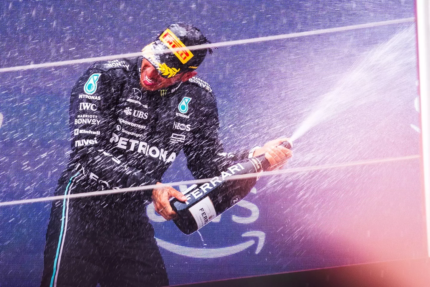 Hamilton celebrating at Barcelona. Image: Alamy