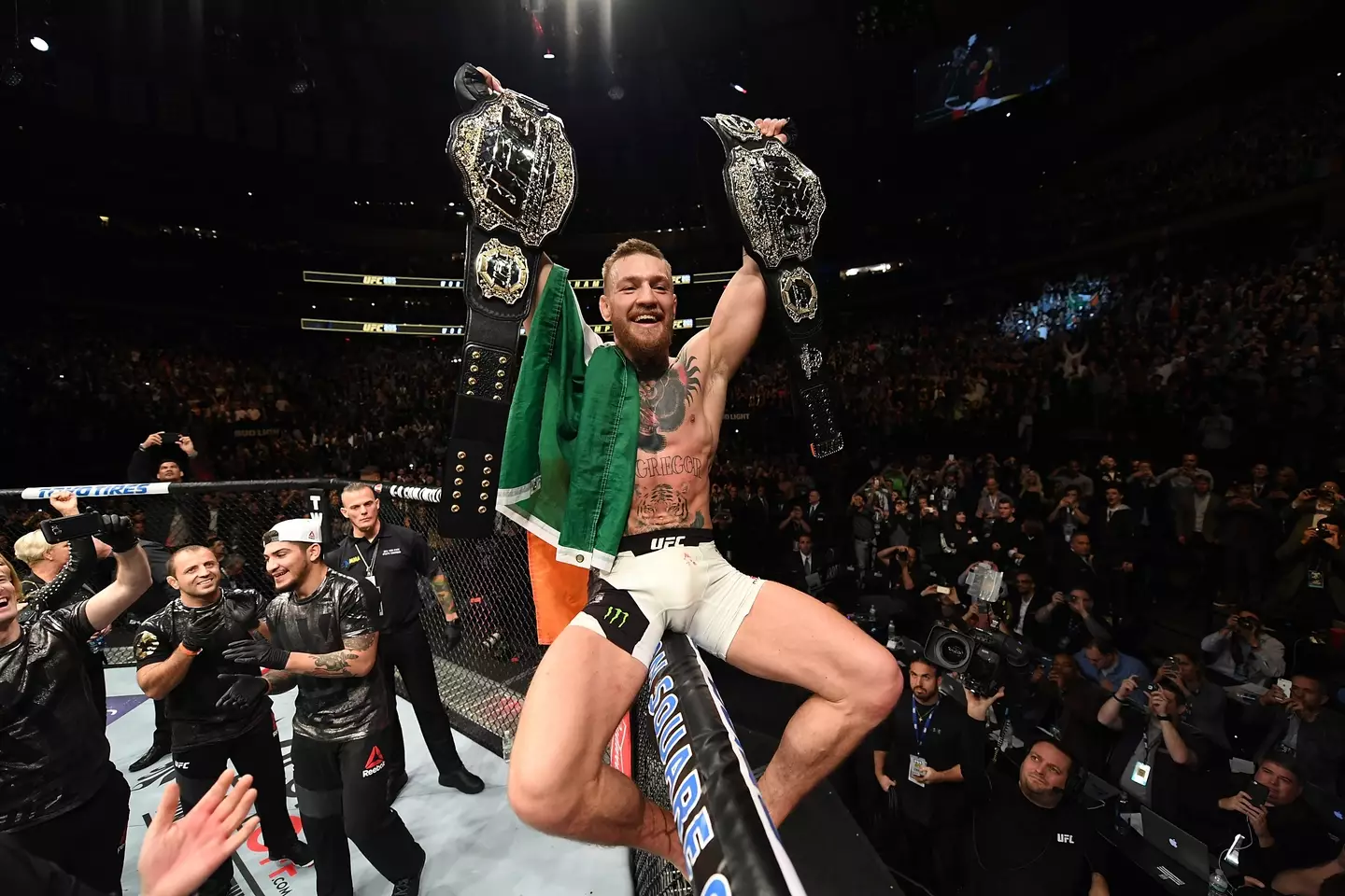 Conor McGregor celebrates his victory at UFC 205. Image: Getty