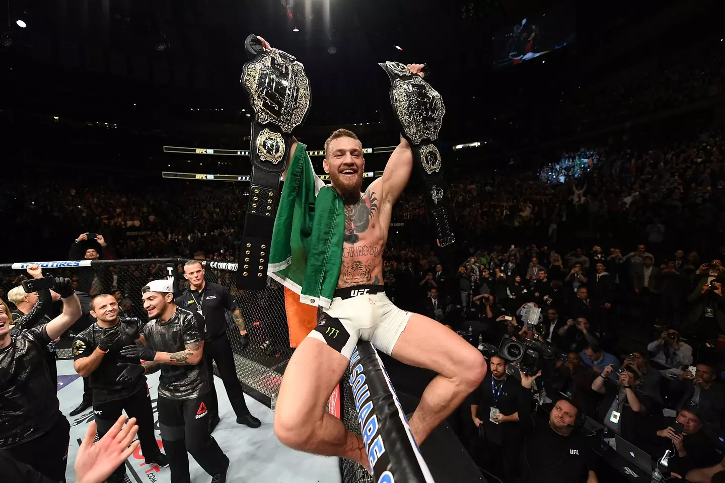 Conor McGregor celebrates his victory at UFC 205. Image: Getty 